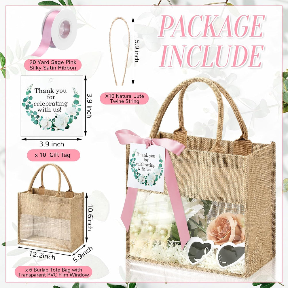 6 Pack Bridesmaid Burlap Tote Bags with Clear Window & Ribbon, Pink