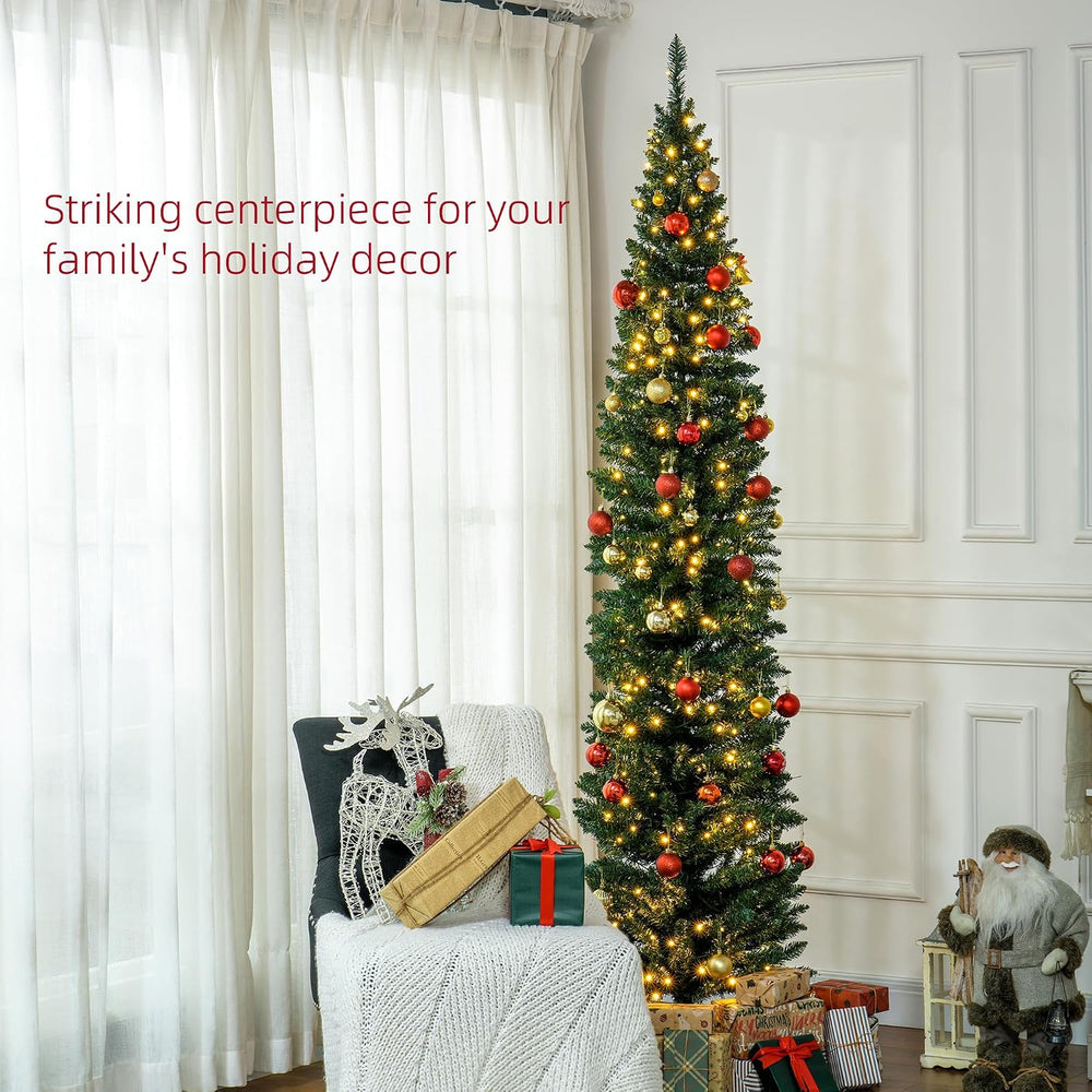 HOMCOM Noble Fir Artificial Pencil Christmas Tree Prelit 8' Green