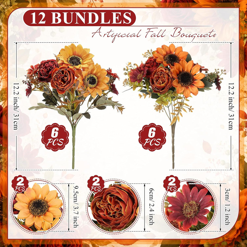 12 Pcs Artificial Fall Silk Flower Bouquets, Thanksgiving Decor