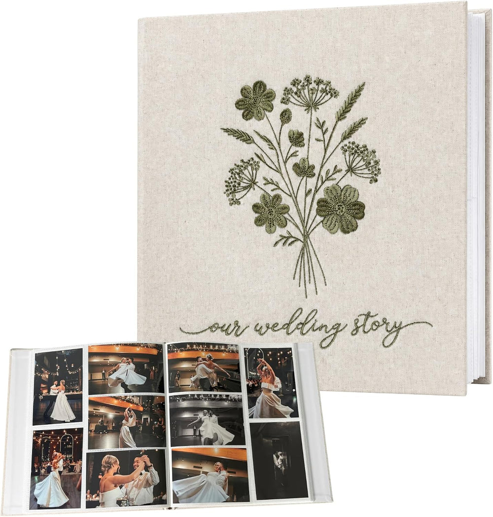 Embroidered Wedding Photo Album 4x6 Pictures, Large Linen Floral Scrapbook