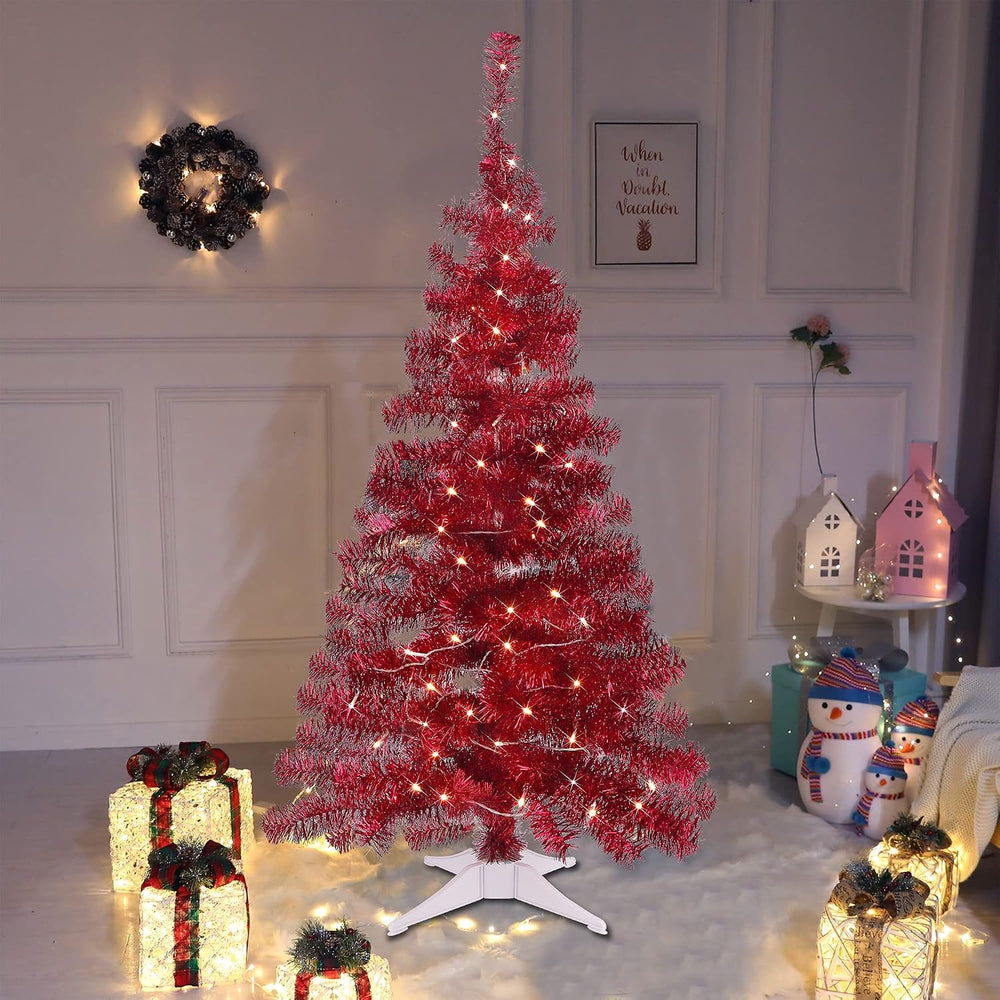 Juegoal 4 FT Pre-lit Artificial Christmas Tree, Lighted Red Tinsel Pine Spruc...