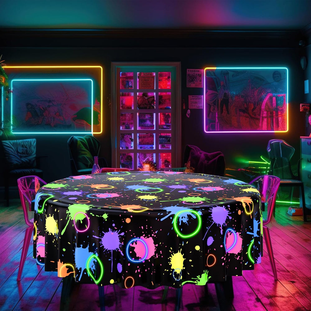 12 Pcs Neon Round Plastic Tablecloths 84" Party Table, Black