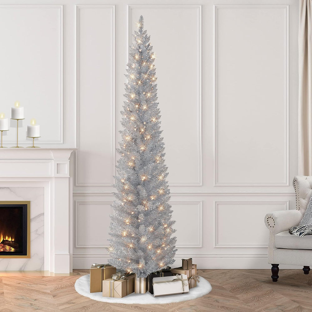 Puleo International 7 ft Pre-Lit Silver Tinsel Artificial Tree 316 Tips 150 C...
