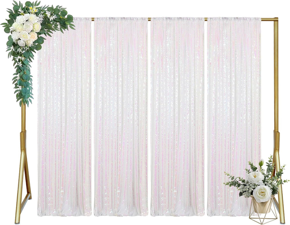 ShinyBeauty 4PCS Iridescent White Sequin Backdrop Curtain 4x10ft