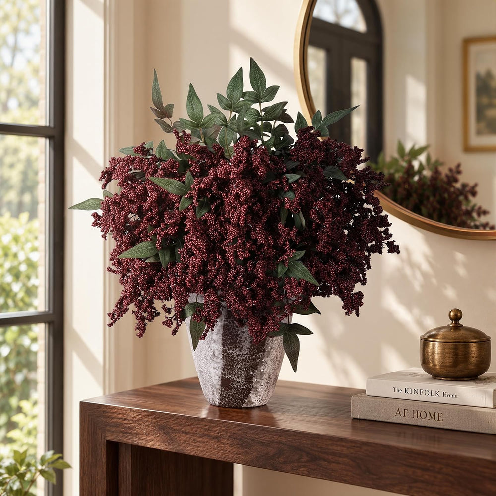 8Pcs 18.5" Artificial Flowers, Red Berry Stems Fake Nandina Branches Rea...