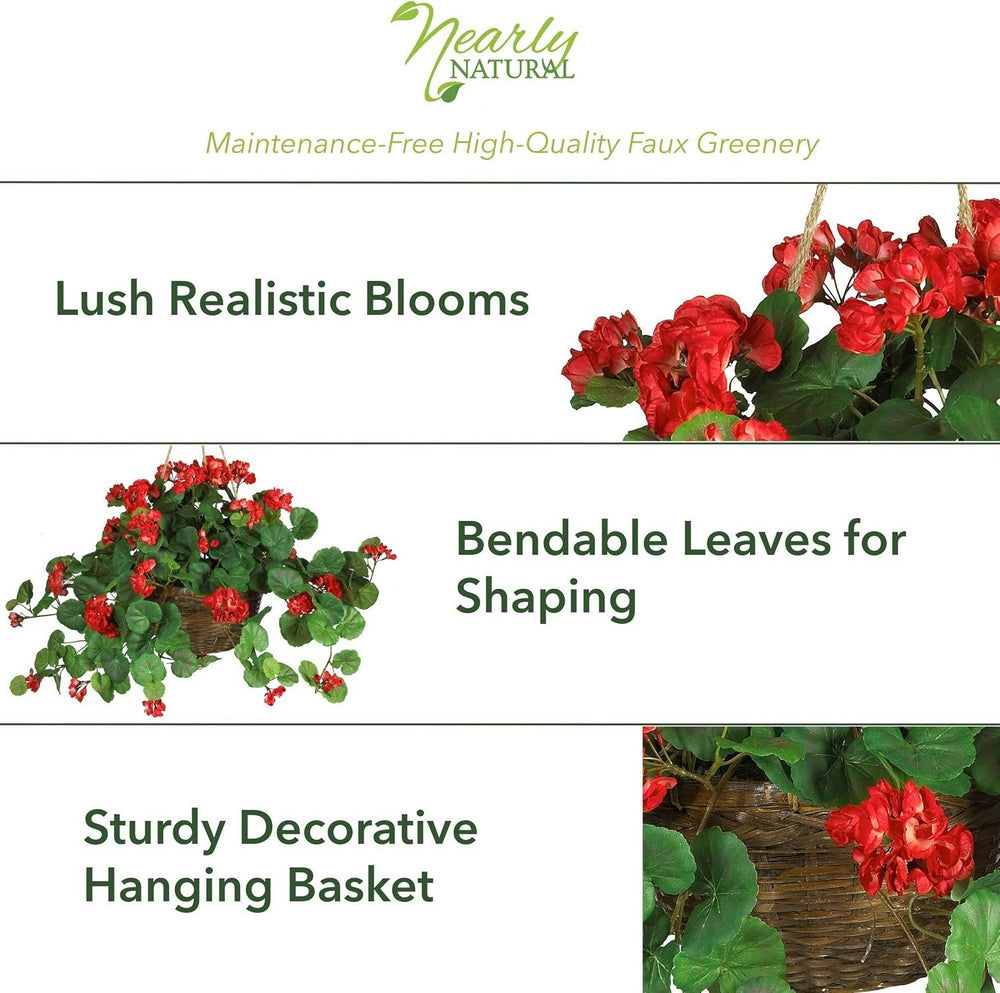 Nearly Natural 24 in Artificial Geranium Red Floral Hanging Basket Plant
