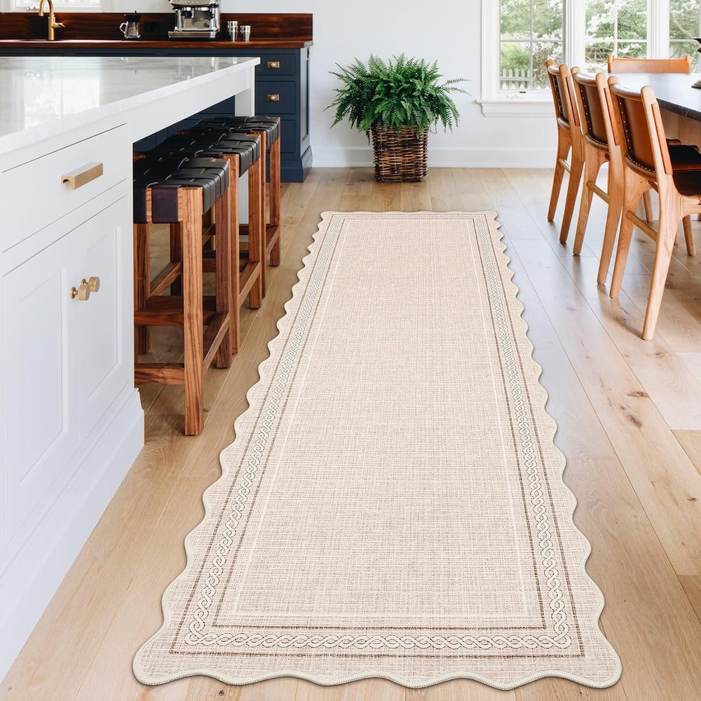 GarveeHome Scalloped Washable Runner Rug 2x10 Non Slip Kitchen Rugs, Beige