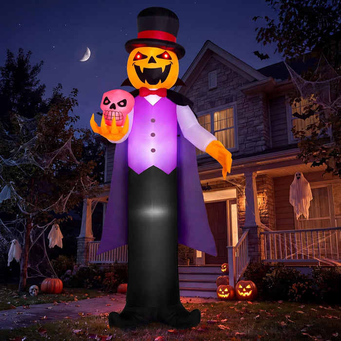 Joiedomi 12FT Giant Halloween Inflatable Pumpkin Ghost Vampire with Skull, Halloween Blow Up Gentleman Ghost Yard Decoration with Built-in LED Glowing Eyes for Lawn Garden Indoor Outdoor Decor