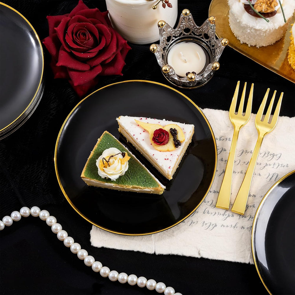 200Pcs Black Gold Dessert Plates 6.3" with Plastic Forks 5"- Small ...