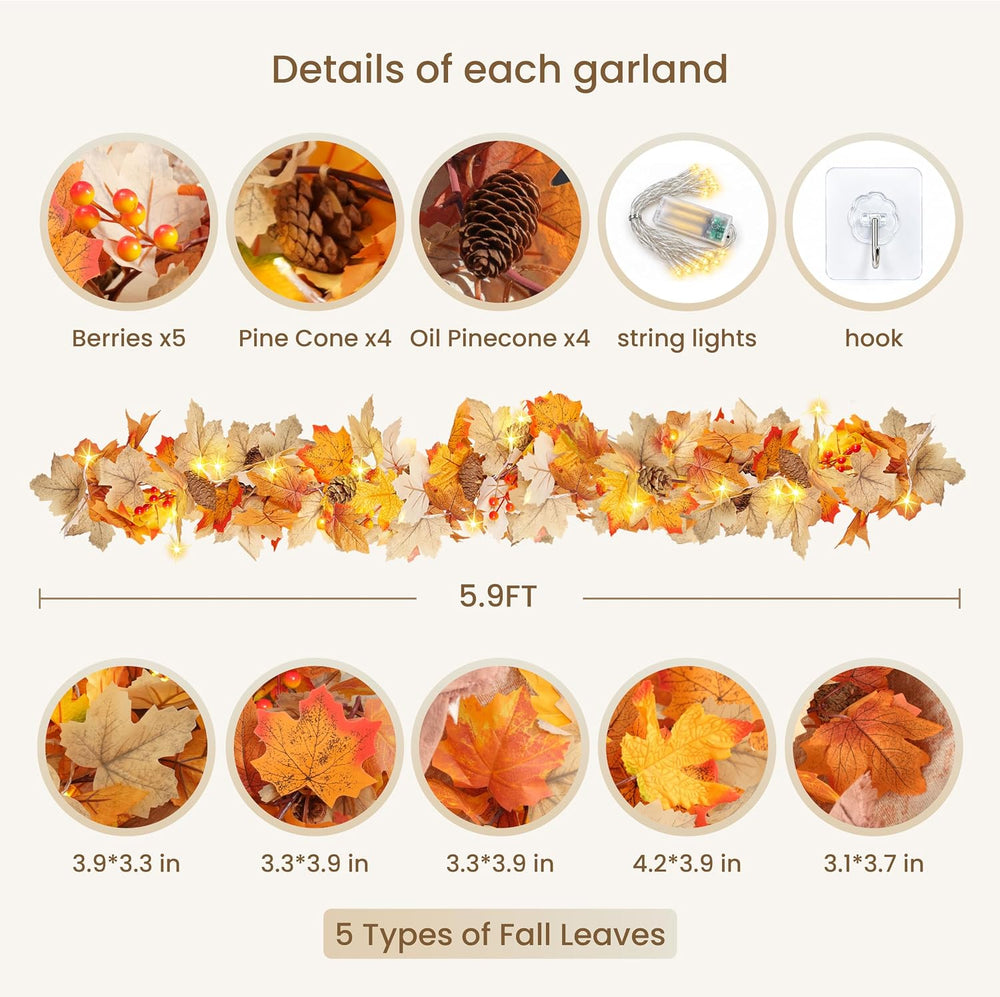 4 Pack Fall Garland with Lights, Artificial Autumn Maple Leaves Vines with LE...