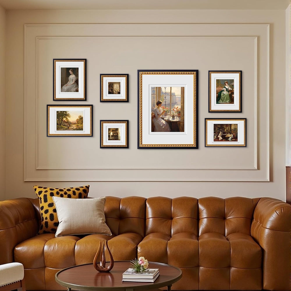 ArtXO 24x36 Picture Frame Black Gold Wood, 2 Mats Wall Mount