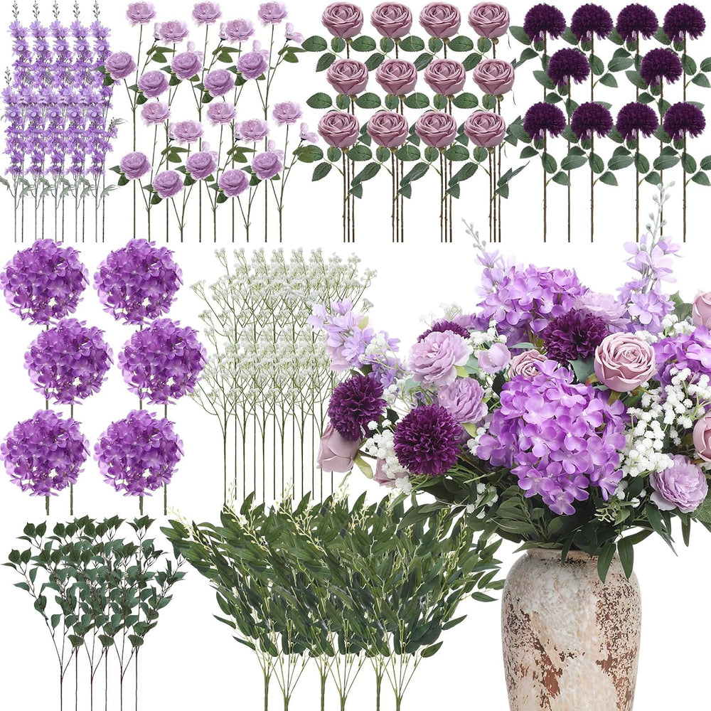 72 Pcs Purple Artificial Flowers Bouquet Set 8 Kind with Long Stem