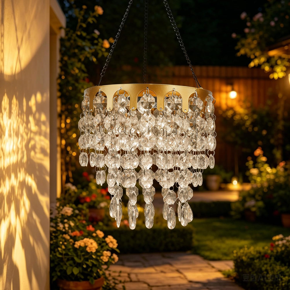 Solar Powered Hanging Chandelier Gold Metal Frame Acrylic Crystal LED Light