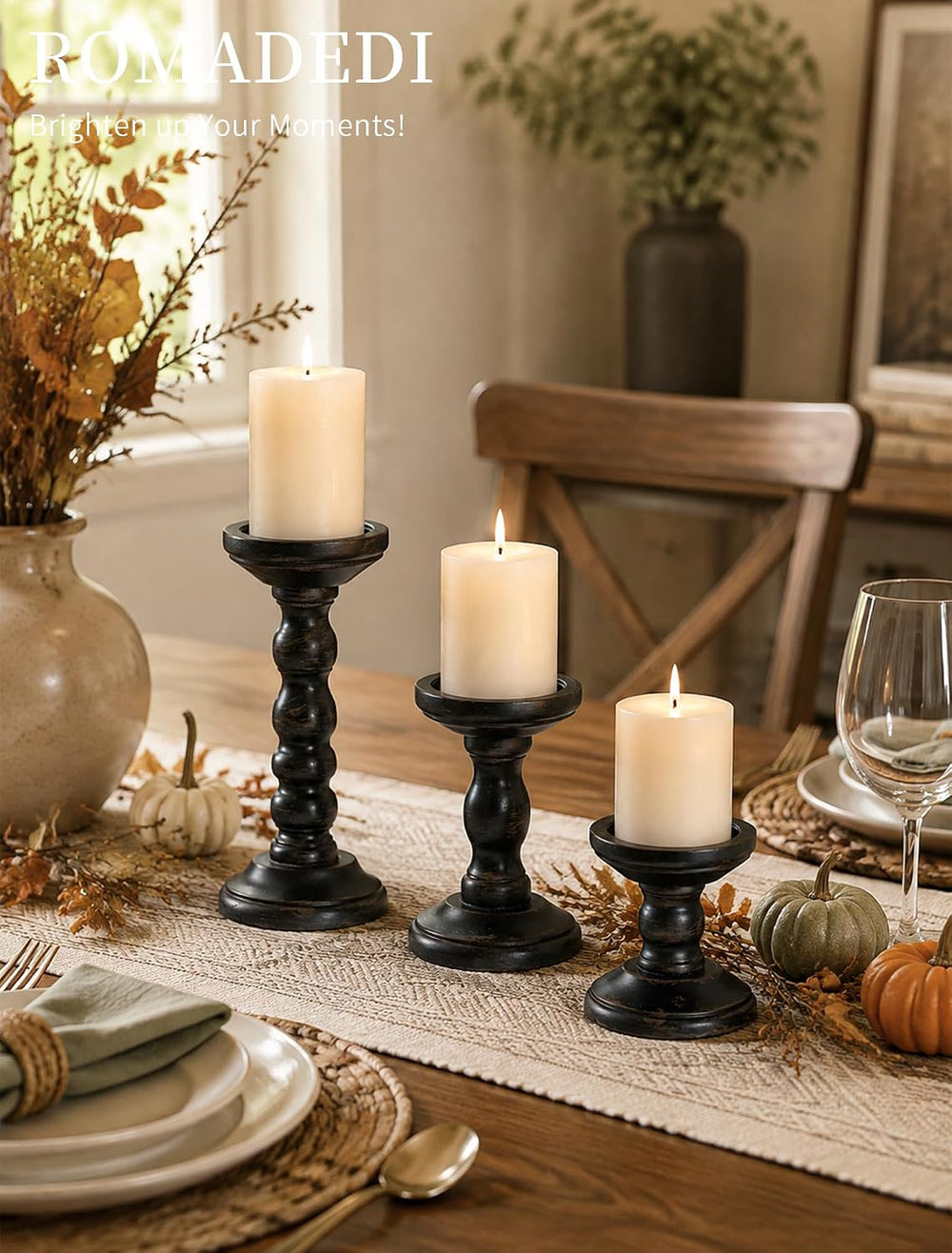 Romadedi Solid Wood Pillar Candle Holder, Black, Set of 3, 8.3/5.9/3.9-in