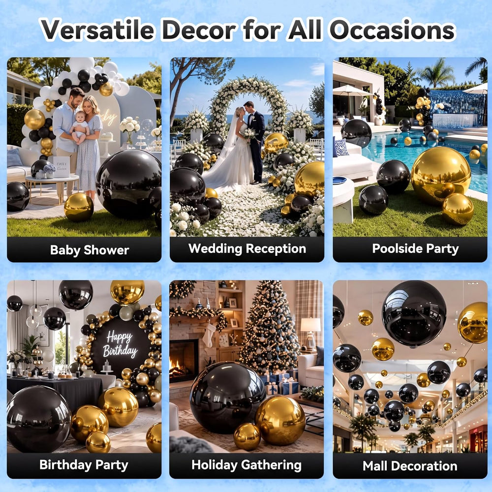 12 Pcs Giant Black Gold Metallic Party Balloons, Assorted