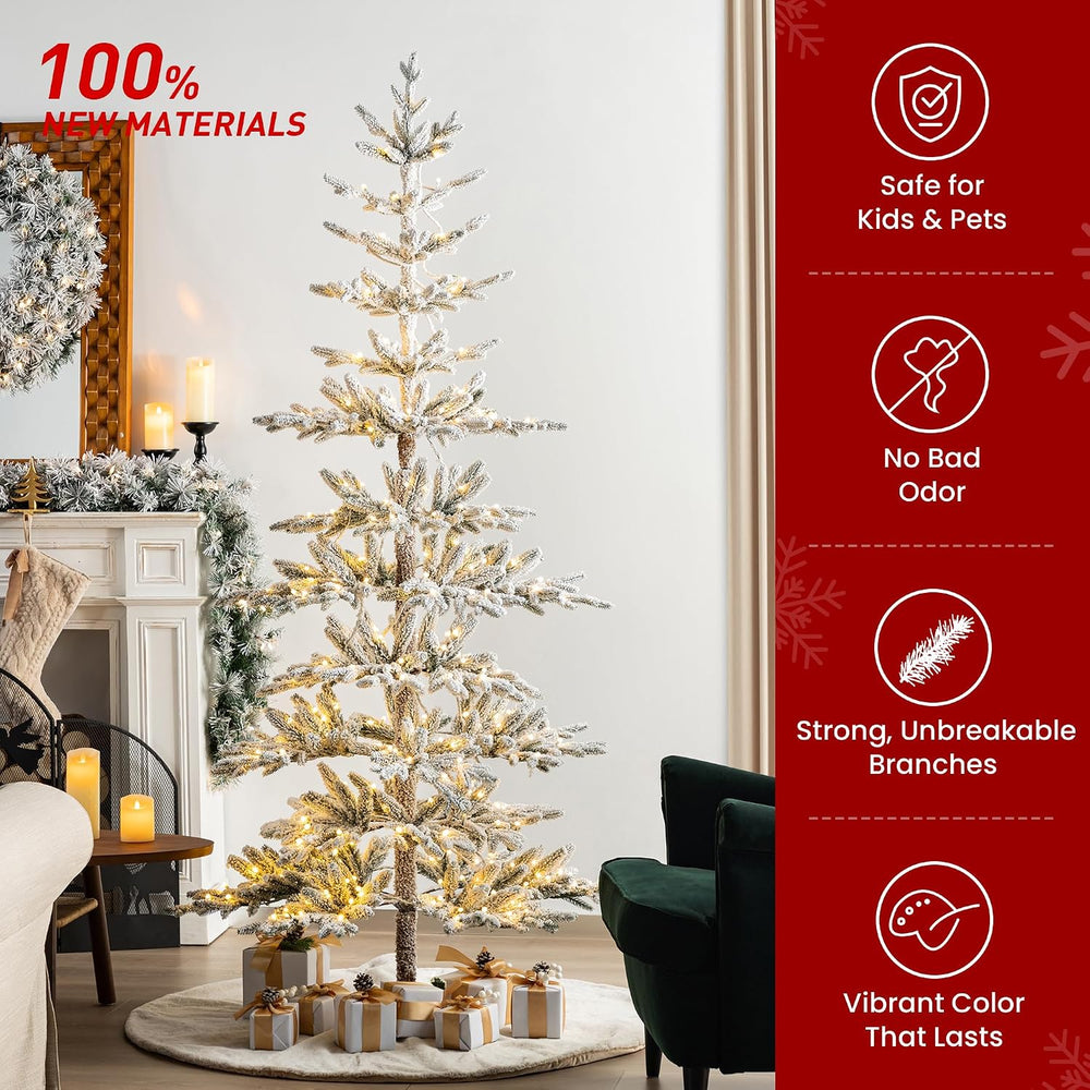 Glitzhome Flocked Christmas Tree, 7ft Pre-Lit Artificial Christmas Tree with ...