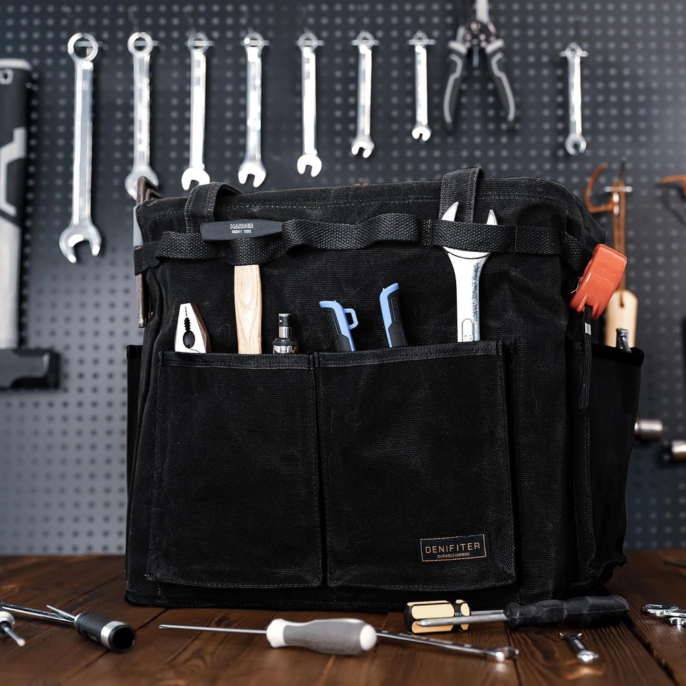 Durable Waxed Canvas Tool Tote Bag, Foldable Open Top Organizer with Metal Fr...