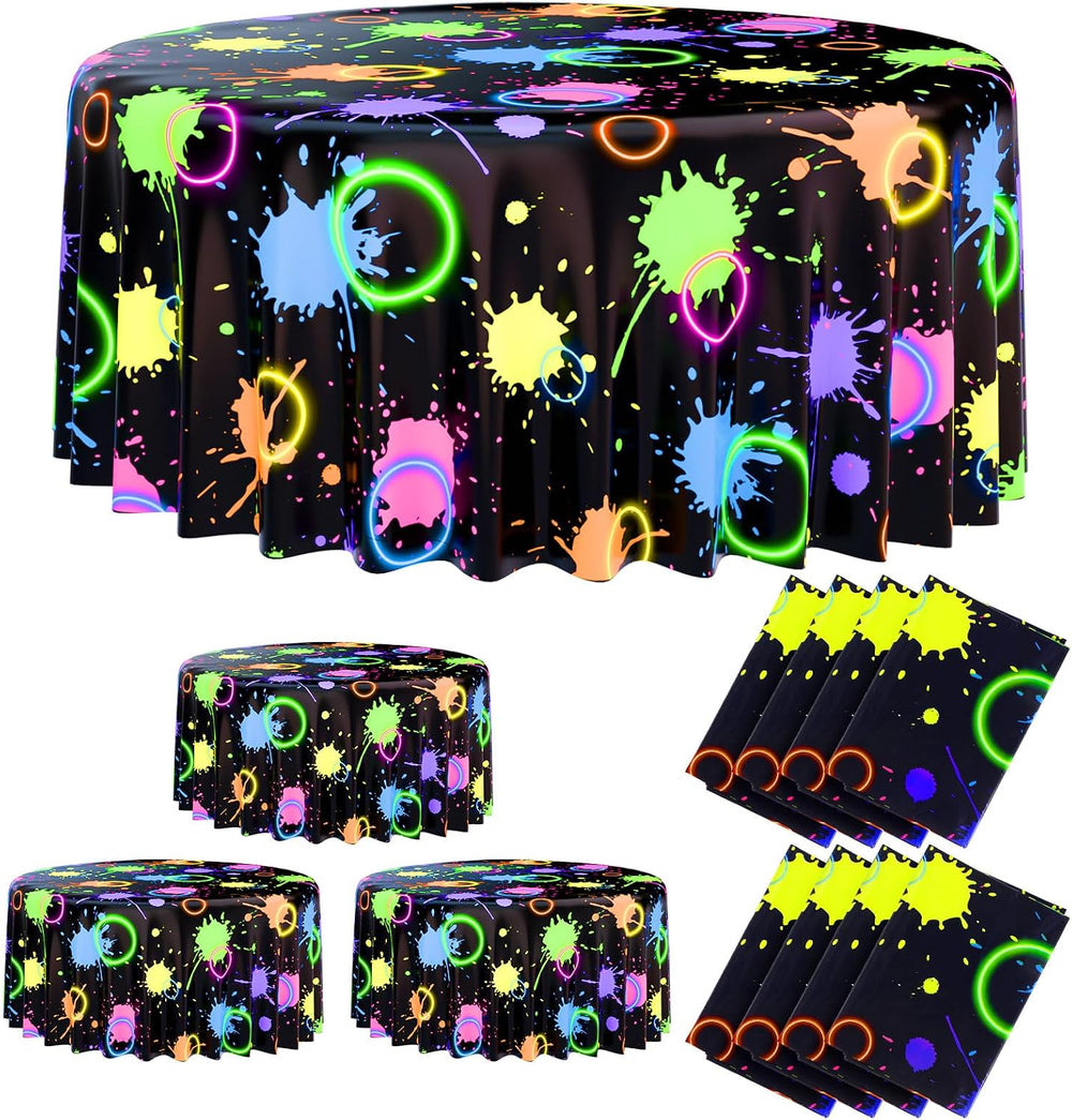 12 Pcs Neon Round Plastic Tablecloths 84" Party Table, Black