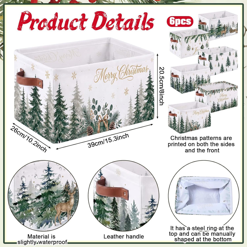 6 Pcs Christmas Tree Storage Bins with Handles, Green Pine Gift Baskets
