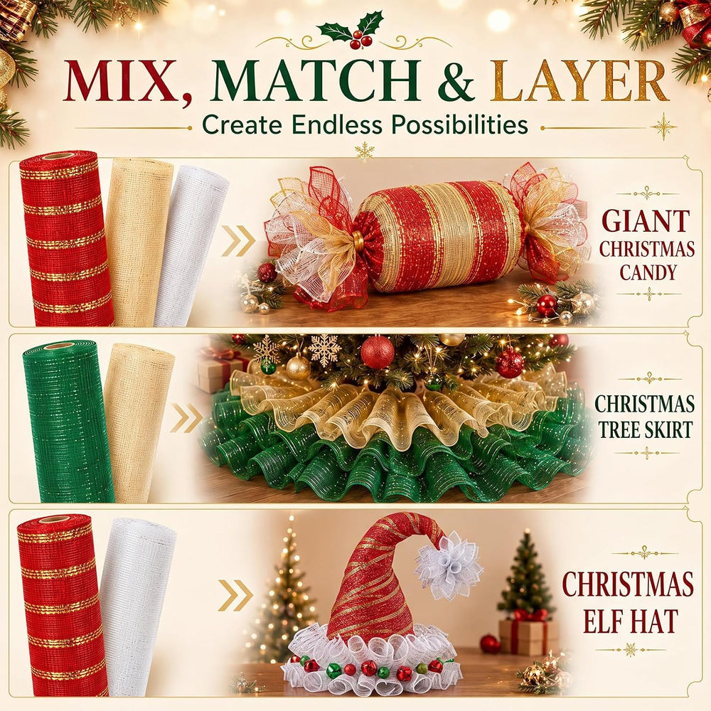 Newwiee 8 Rolls Christmas Mesh Ribbon for Wreaths 10 Inch x 30 Feet