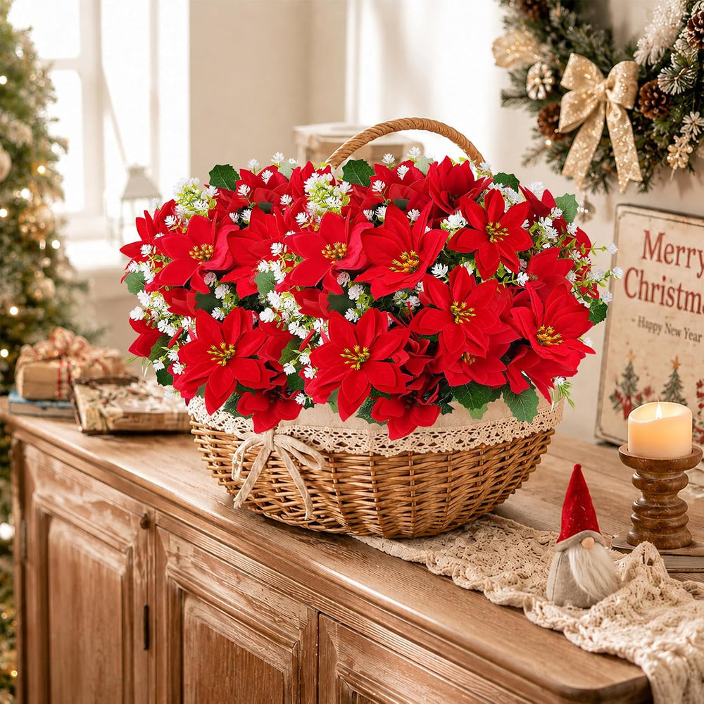 Artificial Poinsettias Christmas Flowers Mixed Outdoor Decor 24 Pcs