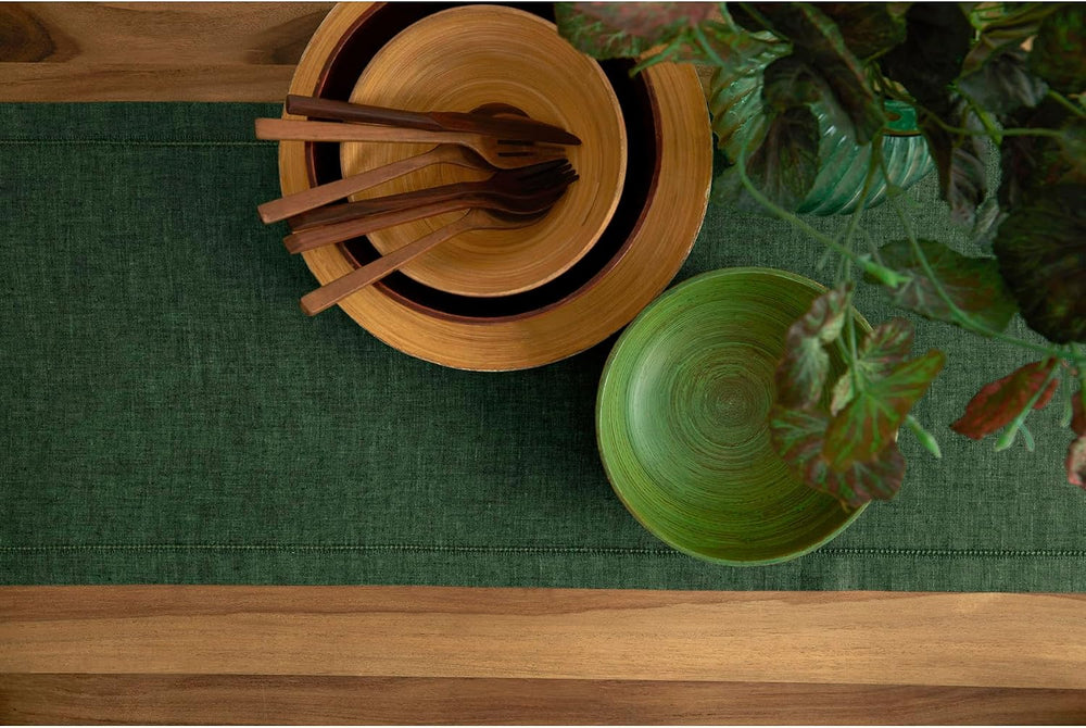 Solino Home 100% Pure Linen Dining Table Runner Green, Milan 14 x 108 in