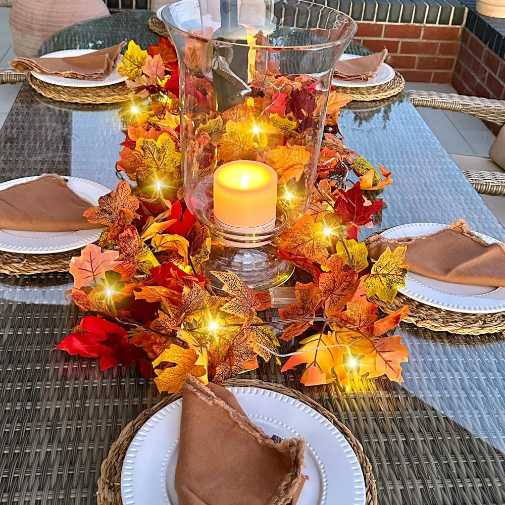 8 Pack Fall Leaf Garland with Lights,Fall Decor Halloween Lights Artificial M...