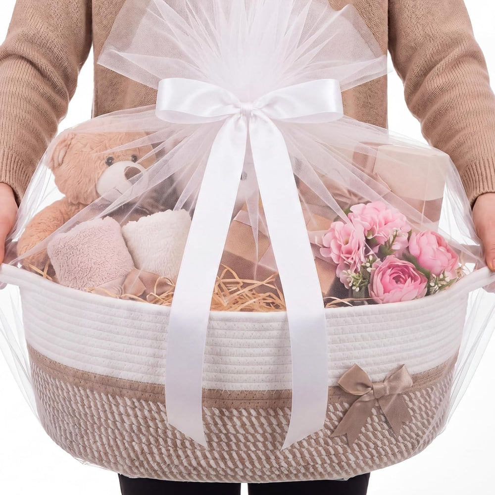 Colingmill Large Woven Gift Basket Empty, Khaki, Stripe