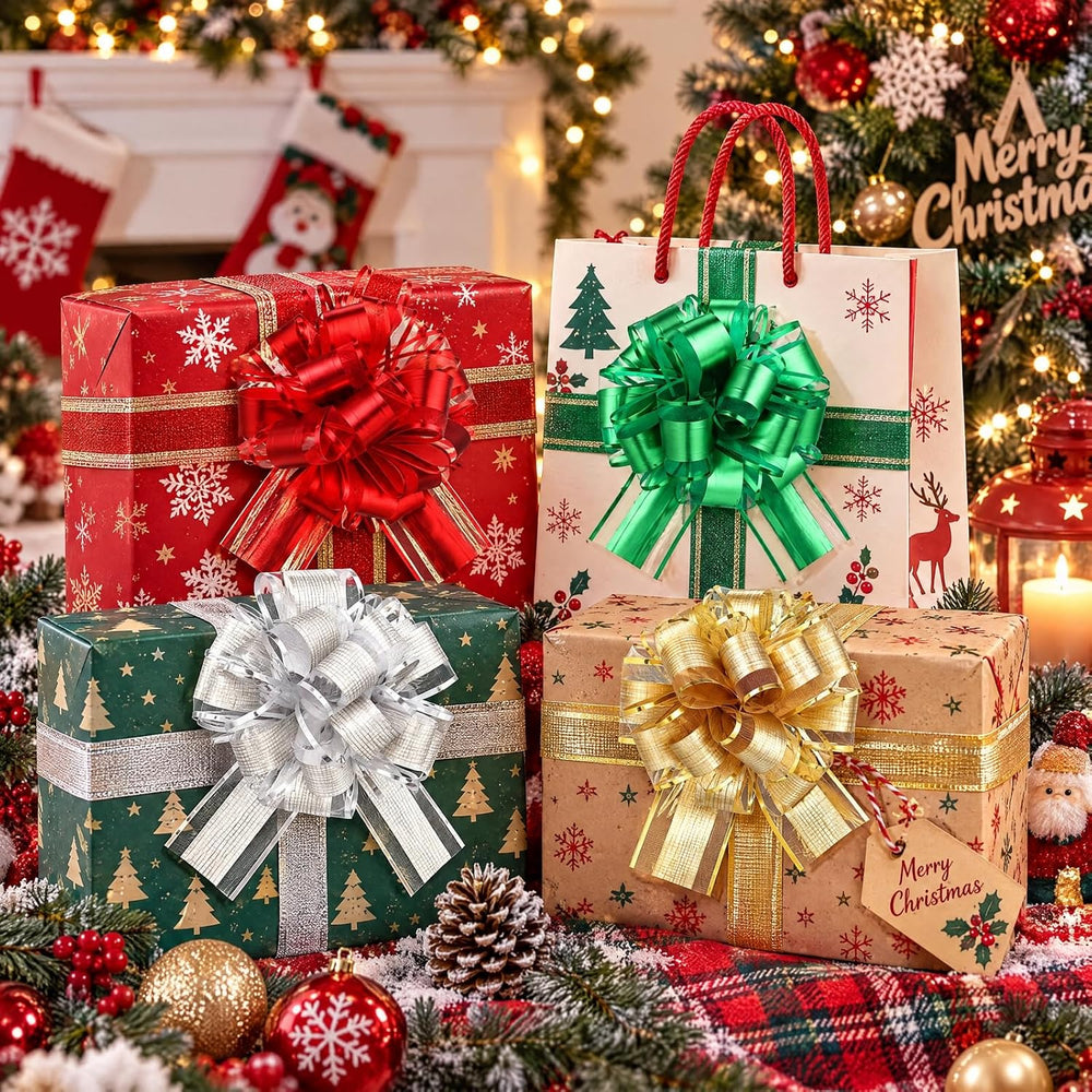 WILLBOND 100 Pcs Christmas Pull Bow for Gift Wrapping, 4 Colors