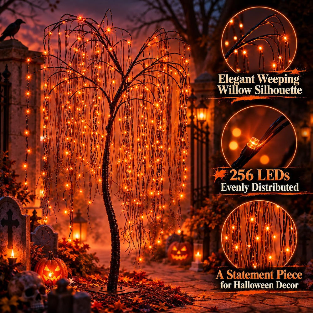 7 FT Halloween Lighted Willow Tree 256 LED Orange Lights Artificial Weeping W...