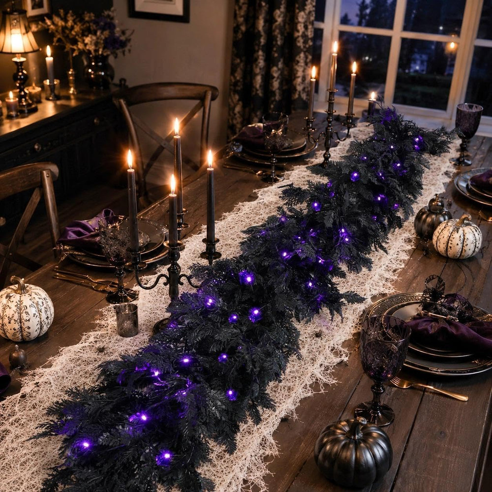 Pre-Lit Halloween Garland 9FT Decorations Black Real Touch Cedar Cypress Pine...