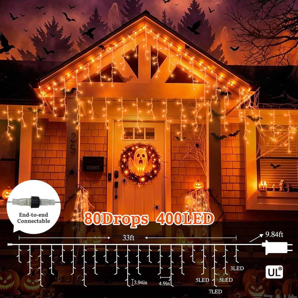 33ft 400 LED Halloween Icicle Lights Outdoor Orange