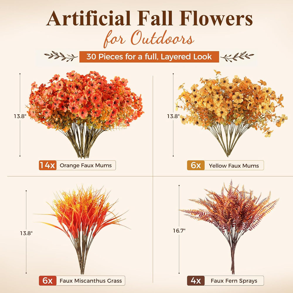 30PCS Fall Mums for Outdoors, Faux Fall Flowers UV Resistant