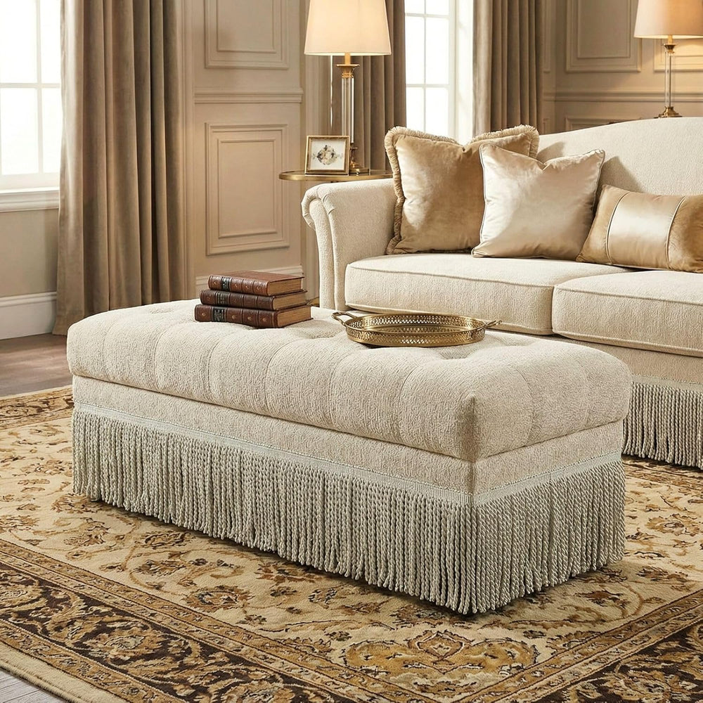 47-Inch Chenille Ottoman Bench Vintage Tufted Fringe Design Beige