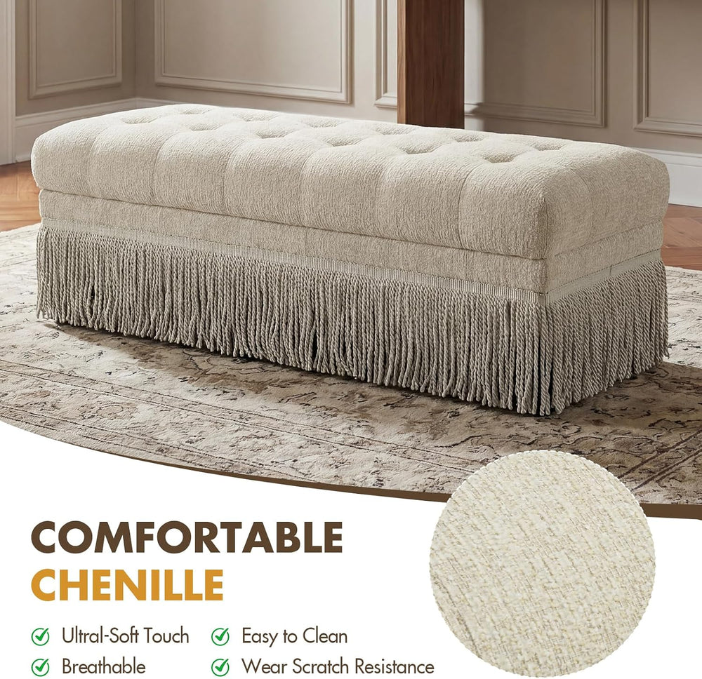 47-Inch Chenille Ottoman Bench Vintage Tufted Fringe Design Beige