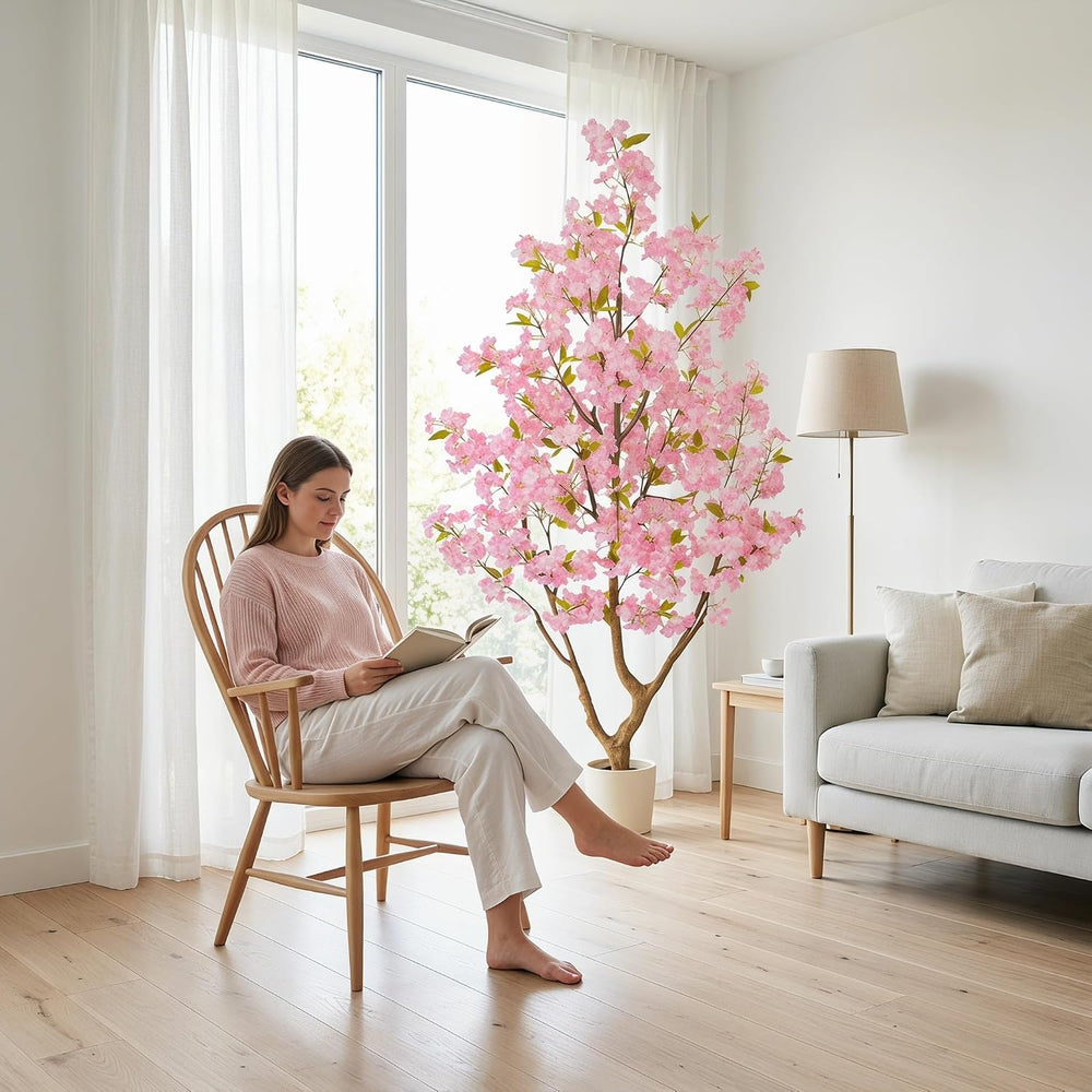 Warmplants Artificial Cherry Blossom Tree 6ft Sakura with White Planter