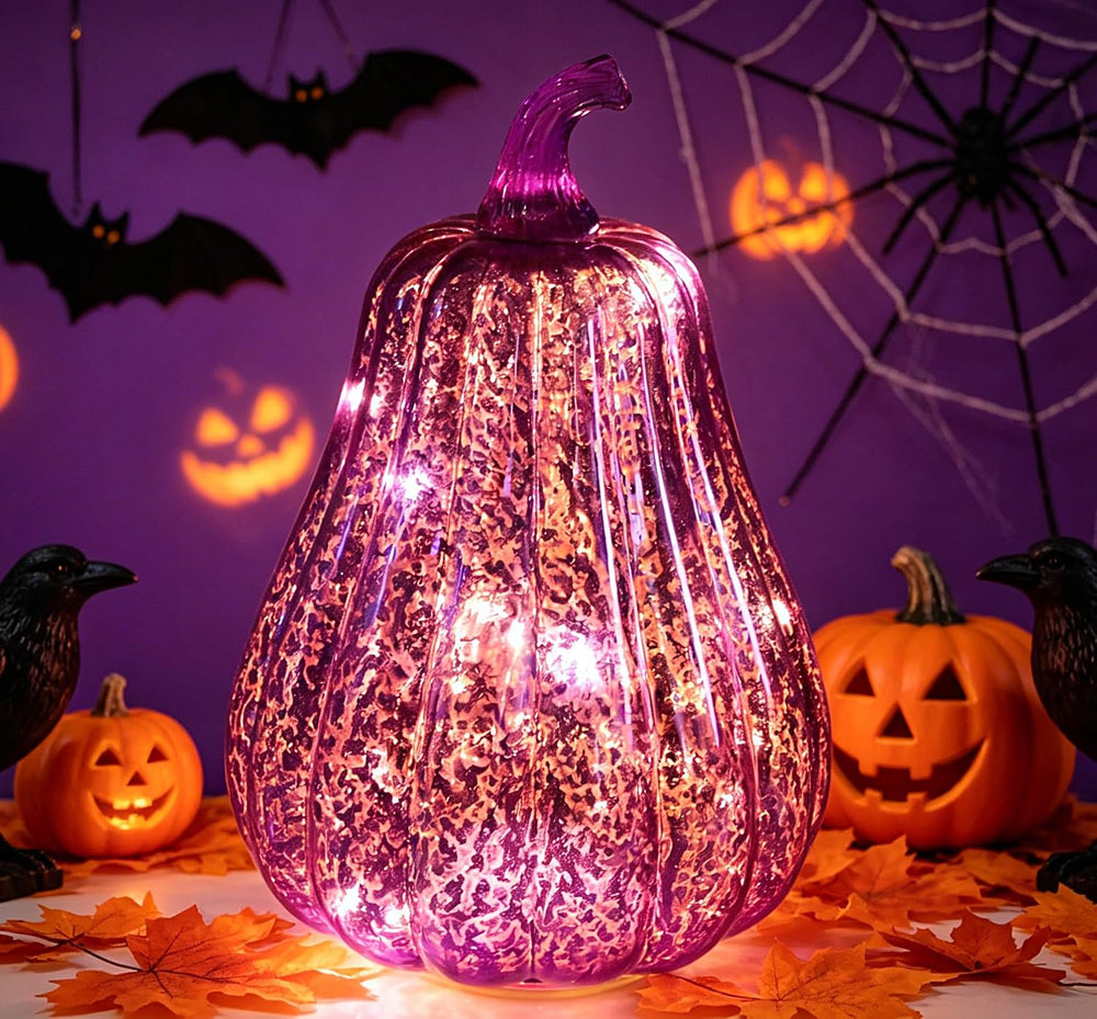 Fall Decorations for Home,Mercury Glass Pumpkin Lights with Timer(Purple)