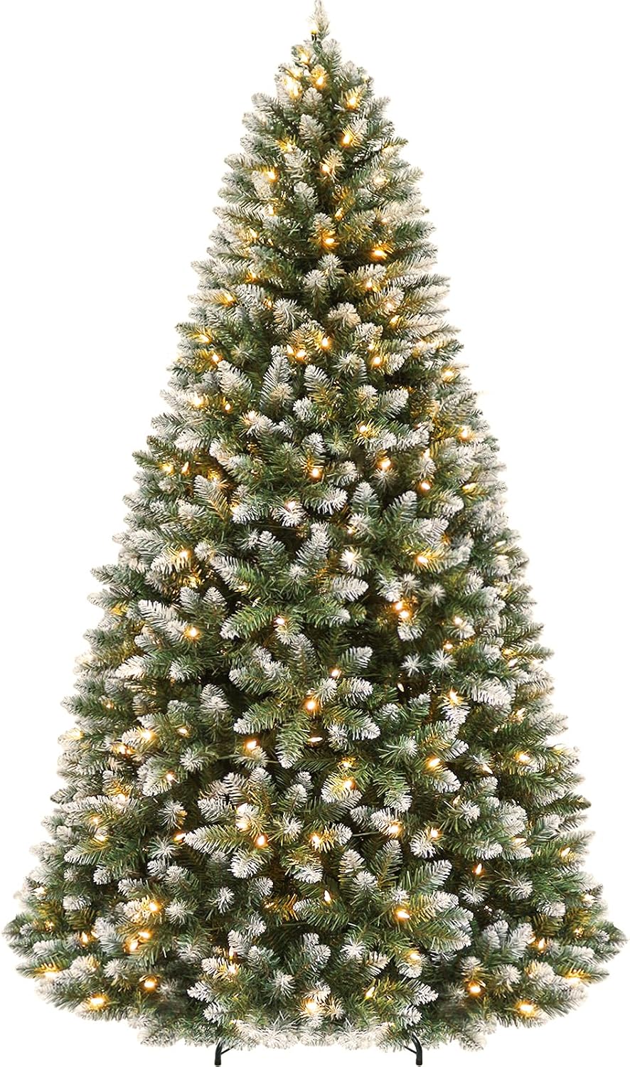 Hykolity 7.5 ft Flocked Christmas Tree, 350 Warm White LED Lights, Artificial...