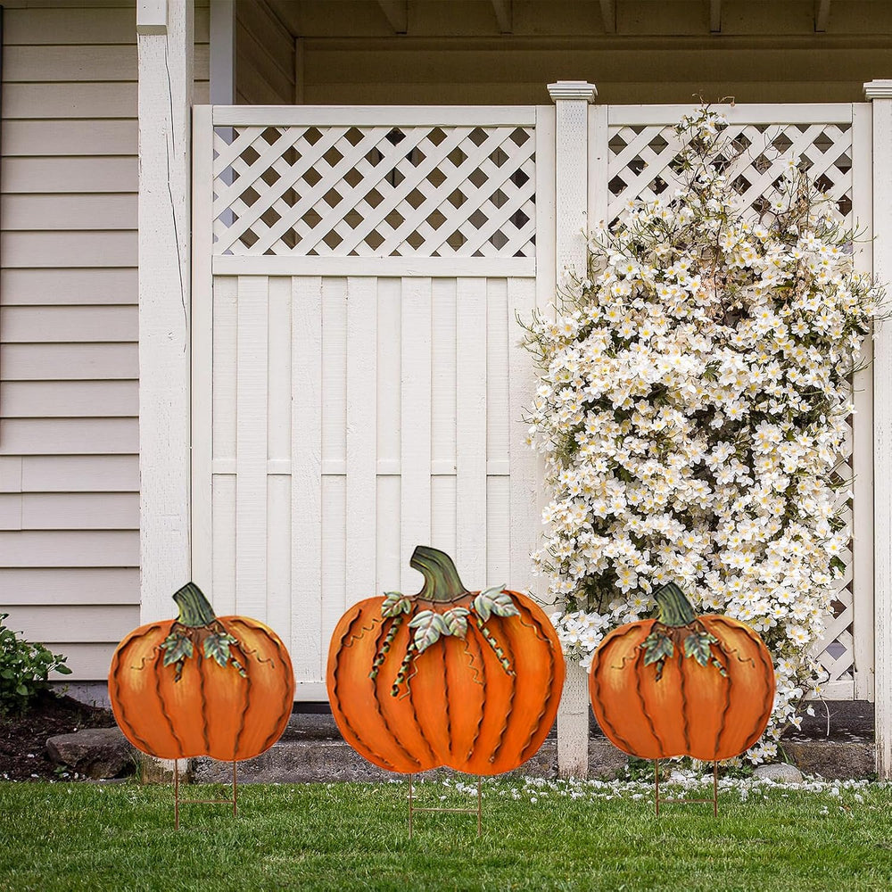 Aecipl Fall Decoration Pumpkin Garden Stakes Set of 3 Metal Yard Signs