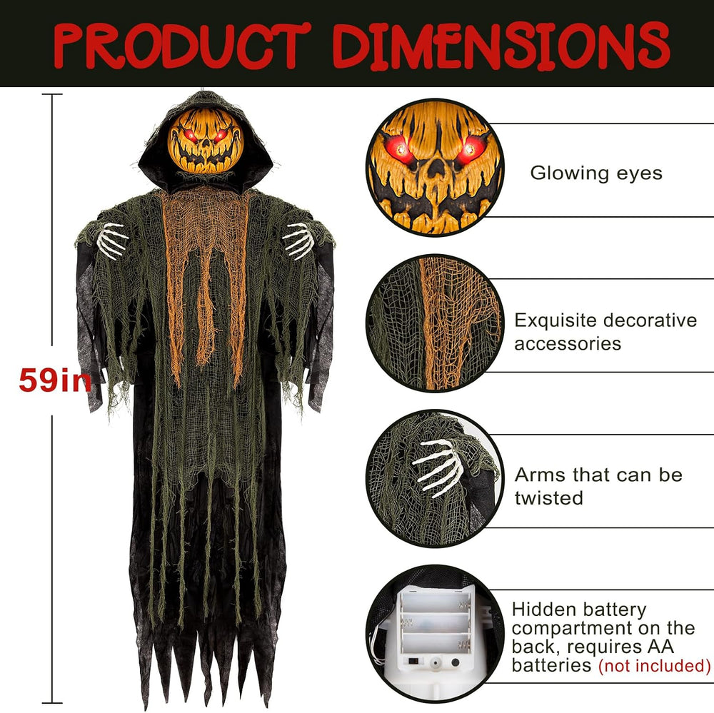 59” Halloween Hanging Animatronics Pumpkin Decoration with Sound Activated