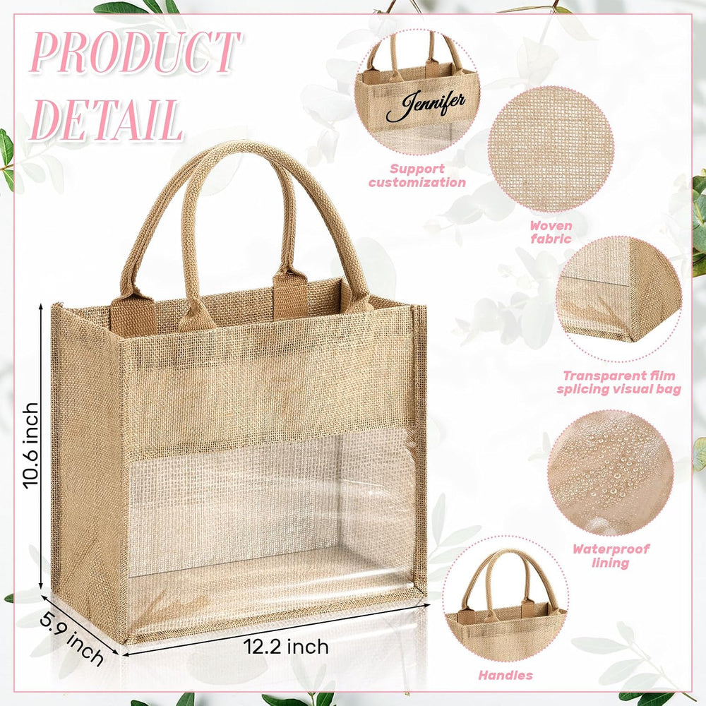 6 Pack Bridesmaid Burlap Tote Bags with Clear Window & Ribbon, Pink
