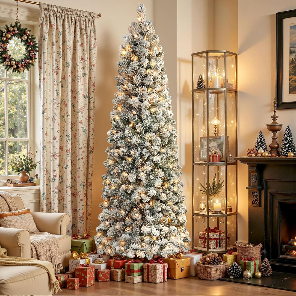 SHareconn 7.5ft Prelit Snow Flocked Artificial Slim Pencil Christmas Tree
