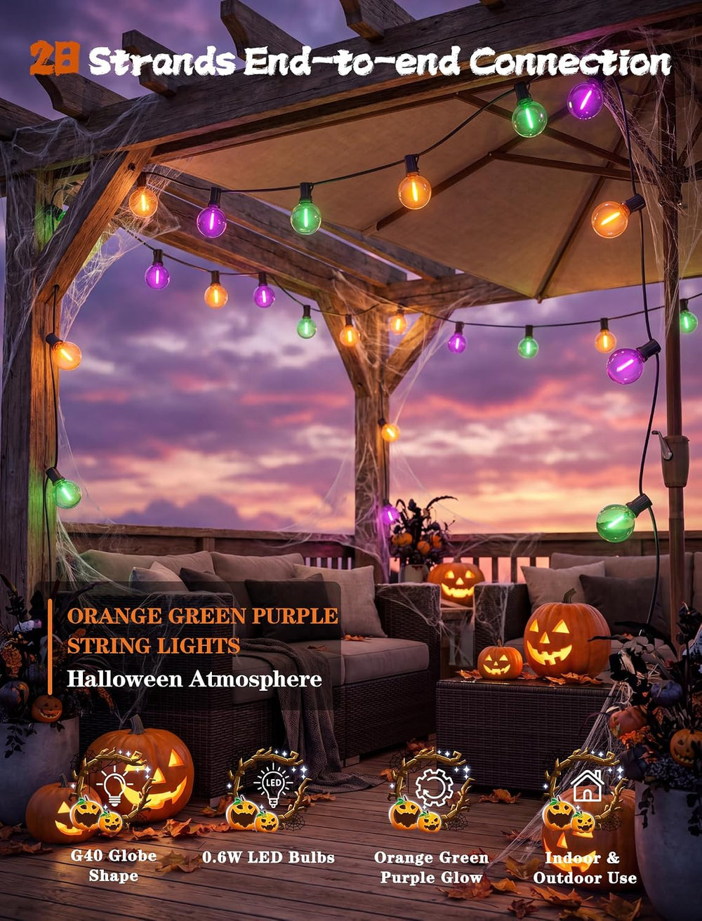 50FT Halloween String Lights with 25 G40 LED Orange Green Purple Bulbs