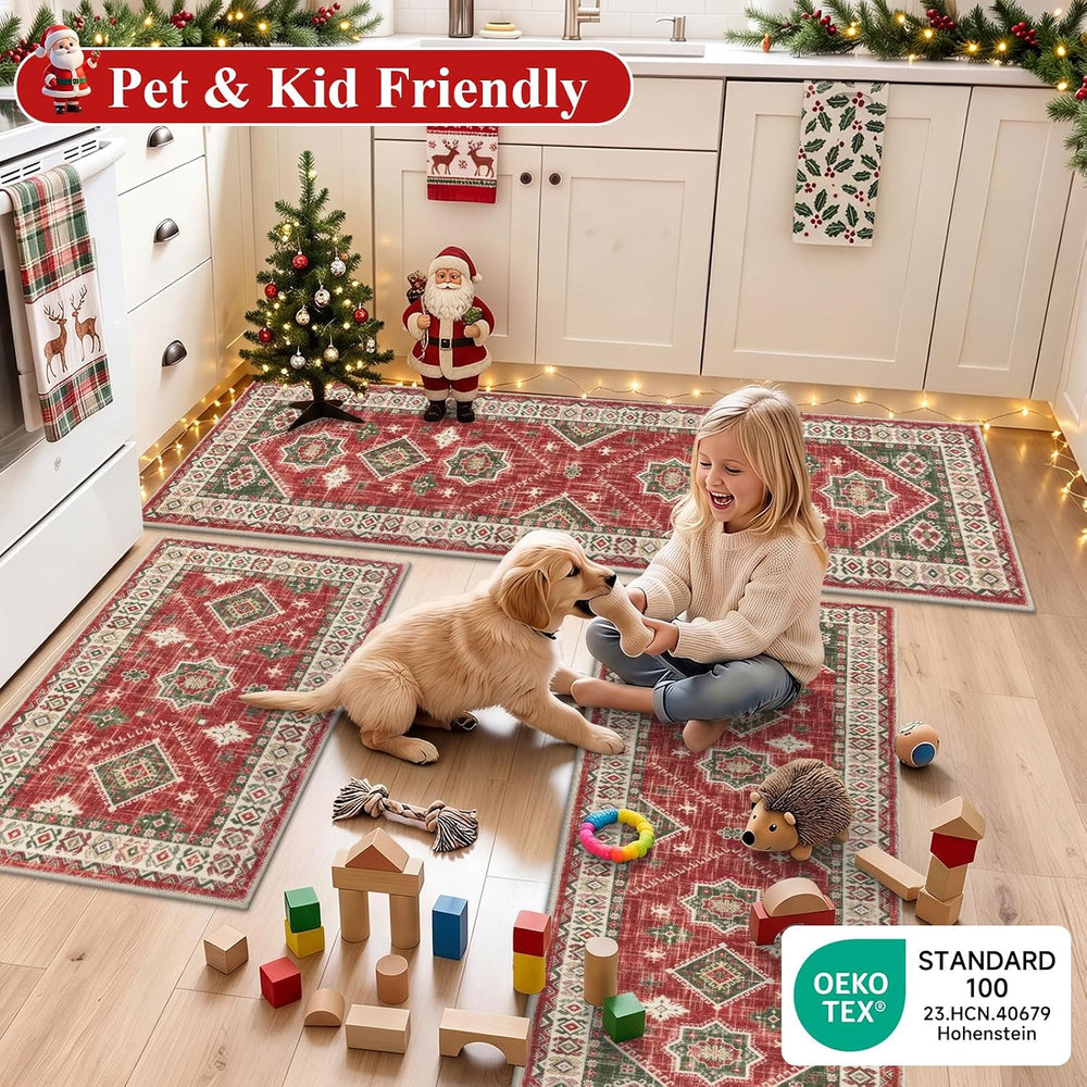 HEBE Christmas Kitchen Rugs Set of 3, Red Washable Kitchen Mats for Floor