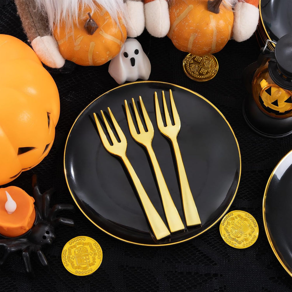 200Pcs Black Gold Dessert Plates 6.3" with Plastic Forks 5"- Small ...