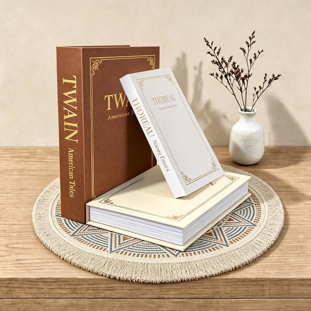 3Pcs Linen Faux Hollow Book Boxes,Home Decor Storage Gift,Brown-Beige-White