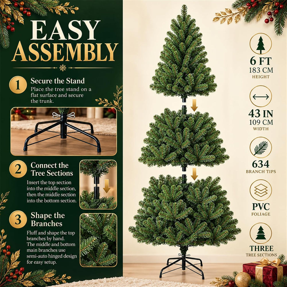 6FT Unlit Green Artificial Christmas Tree with 634 Branch Tips, Hinged Semi-A...