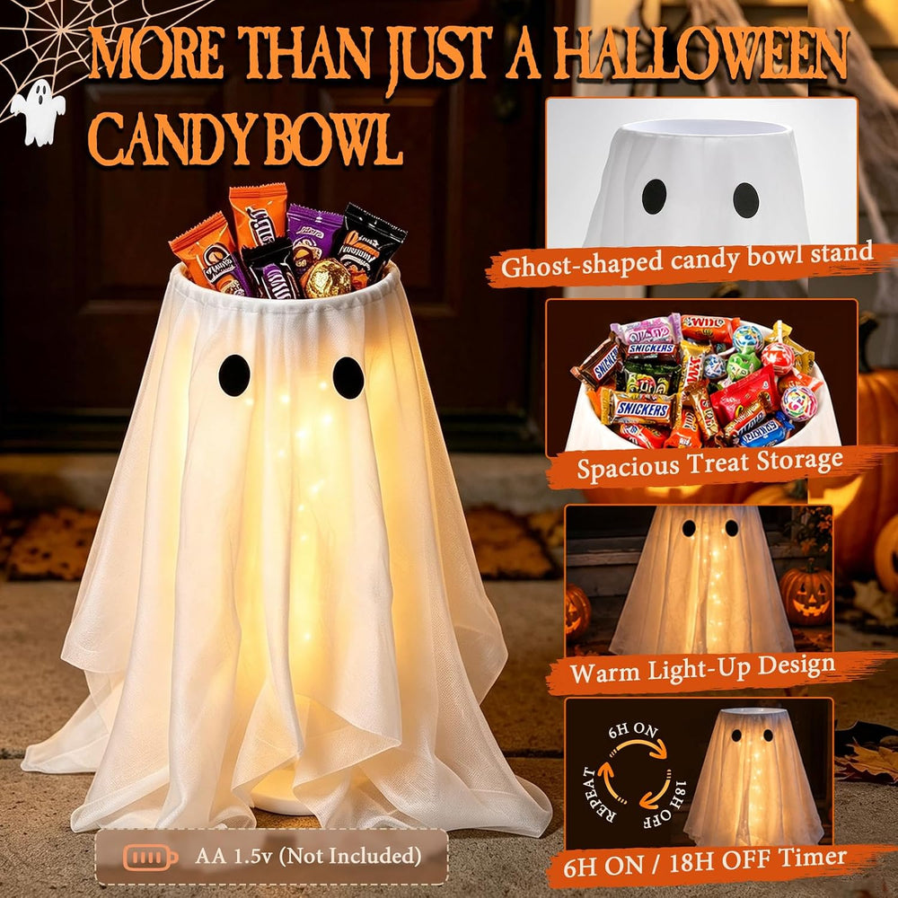 33" Lighted Ghost Candy Bowl Stand, Halloween Trick or Treat Holder Outdoor
