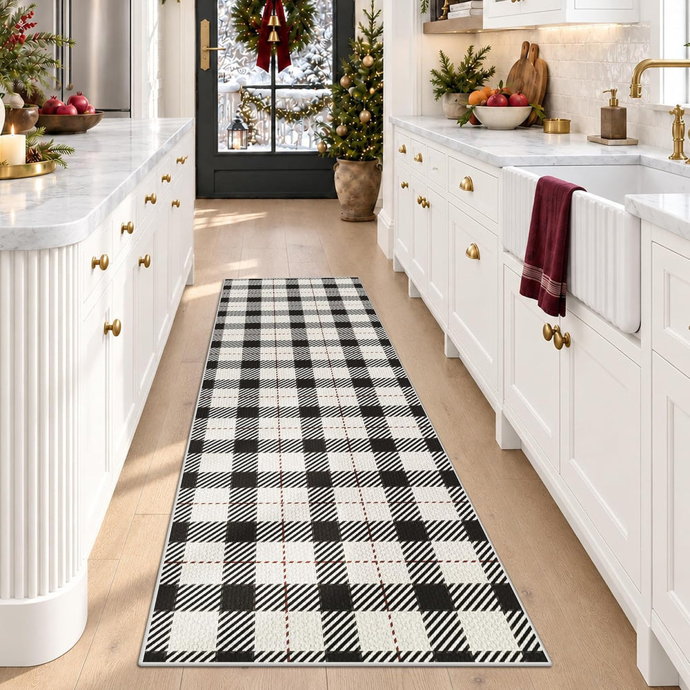 JTJ Easy Jute 2x6 Kitchen Runner Rug, Black and White Plaid, Washable