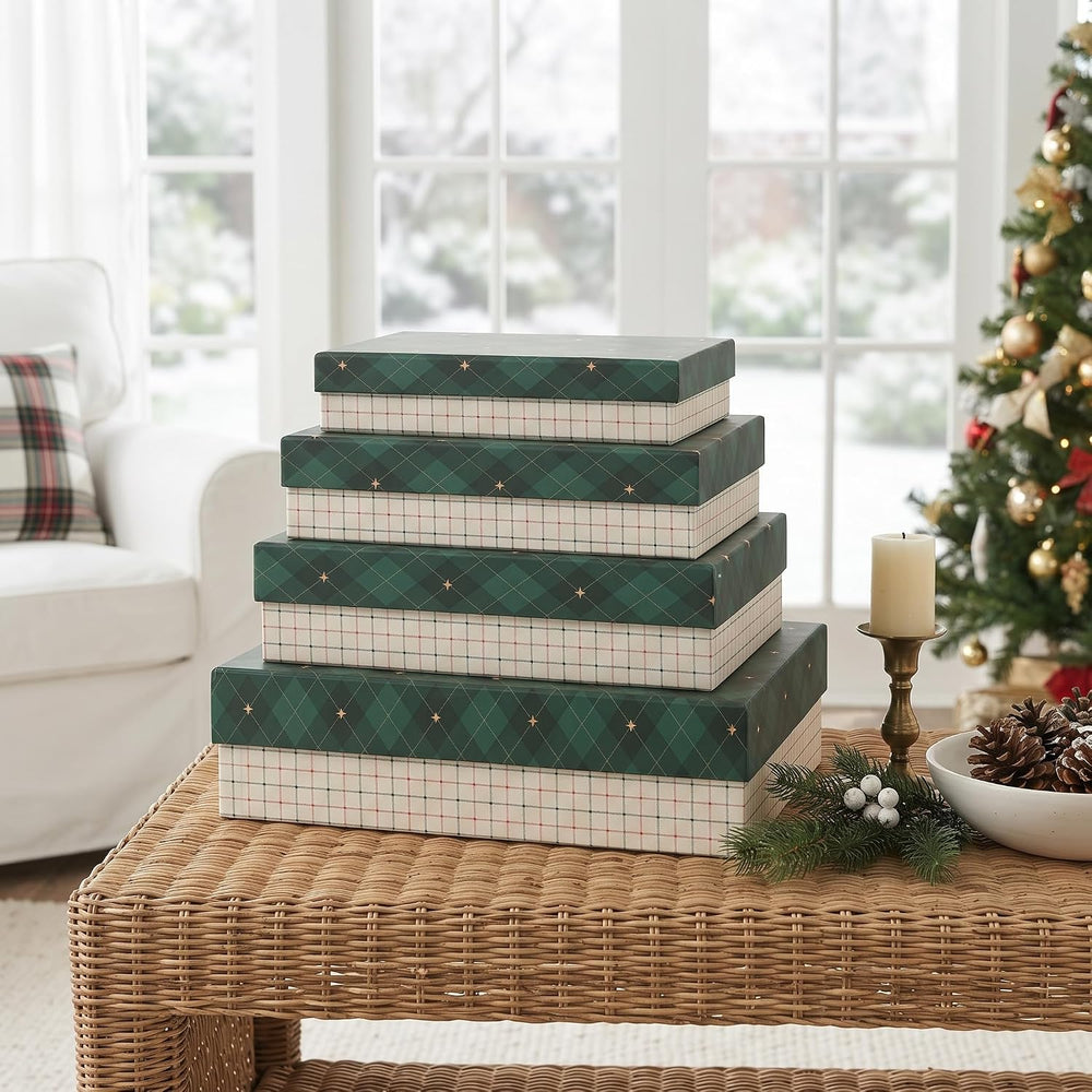 Soul & Lane - Check Christmas Gift Boxes with Lids, Set of 4, Holiday Boxes